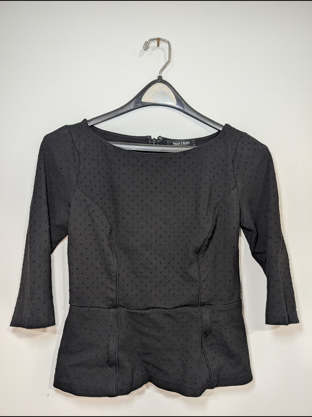 WHBM Women's 4 Black Polka-Dot Peplum Crop Sleeve Textured Dress Blouse Zip Back
